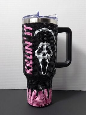 Black & Pink Rhinestone Scream Travel Mug with Handle